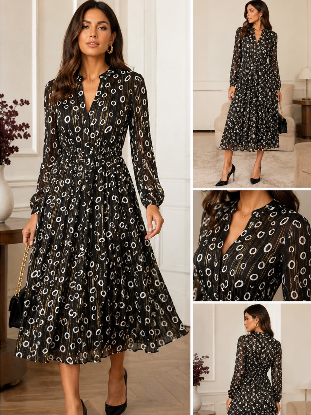 SALONI Raquel slik button front geometric midi dress size 0 black gold white lux